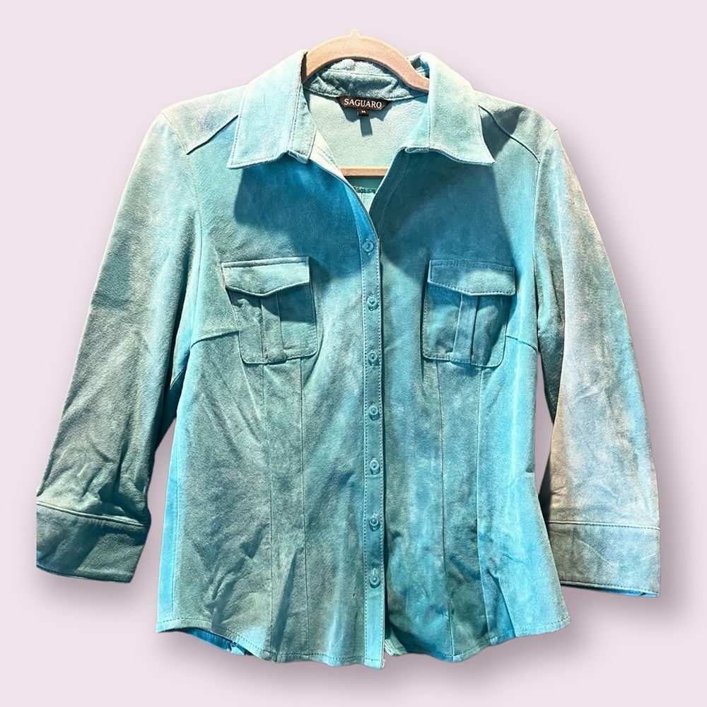 RARE NWT and VINTAGE Saguaro Leather Suede Turquoise Button down. Size M…